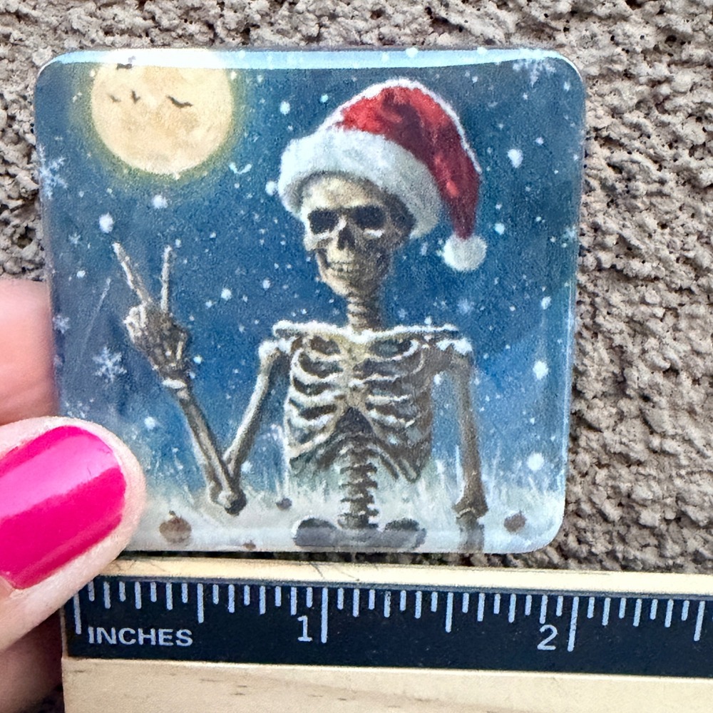 Handmade Skeleton Santa Peace Sign Christmas Magnet Gothic Holiday Decor 2x2